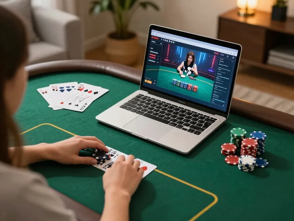 Engaging in poker online at Hitclub with strategic notes and chips in a cozy home setup.