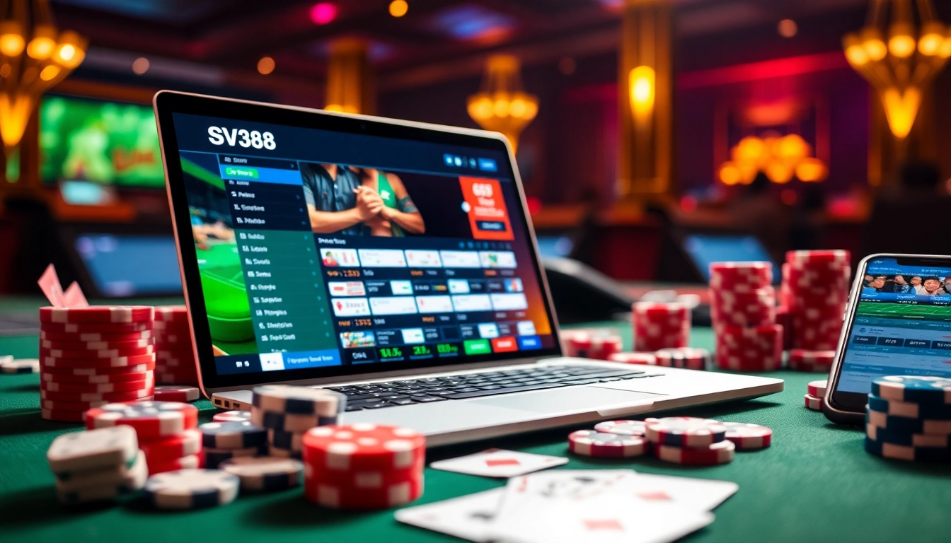 Engaging gambling scene showcasing SV388's online interface with vibrant poker chips and cards.