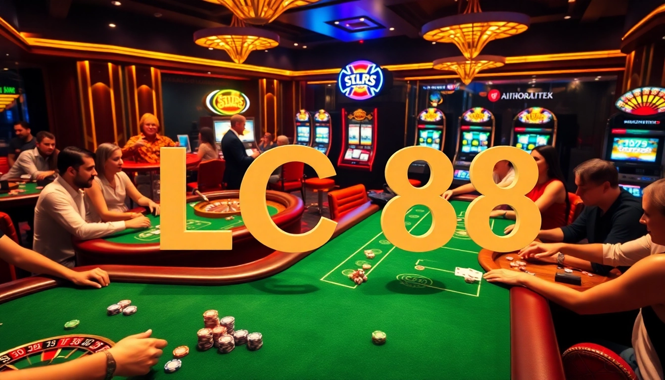 Engaging scene with players at LC88 casino tables, enjoying poker and roulette in vibrant atmosphere.