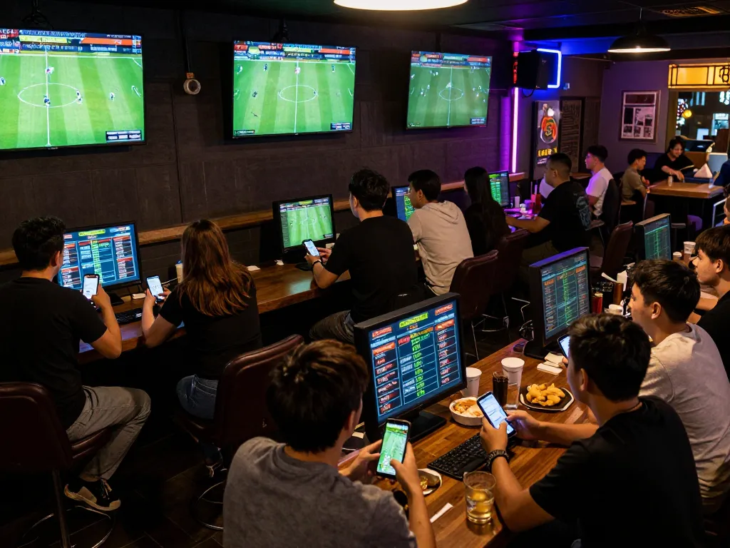 Patrons engaging in sports betting, exploring tỷ lệ kèo nhà cái hôm nay in a lively sports bar setting