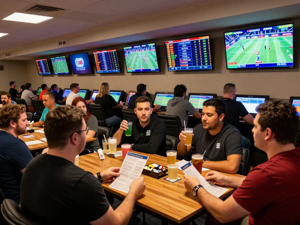 Sports bettors analyzing odds and celebrating wins in a dynamic 1gom sportsbook scene.