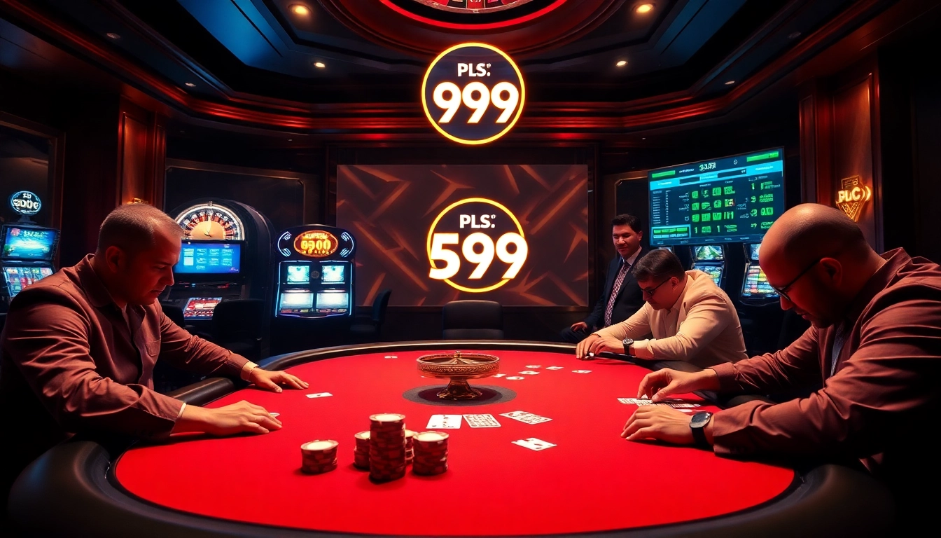 Engaging players at a luxurious PS 99 poker table with vibrant casino elements.