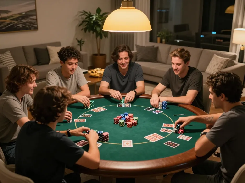 Players enjoying a thrilling poker night at home, showcasing dagago and vibrant chips on display.