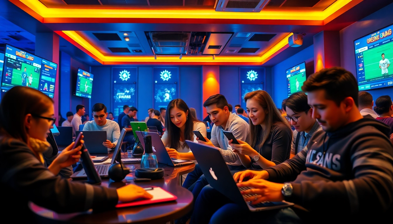Experience the excitement of link vào bong88 with players engaging in online betting in a modern gaming lounge.
