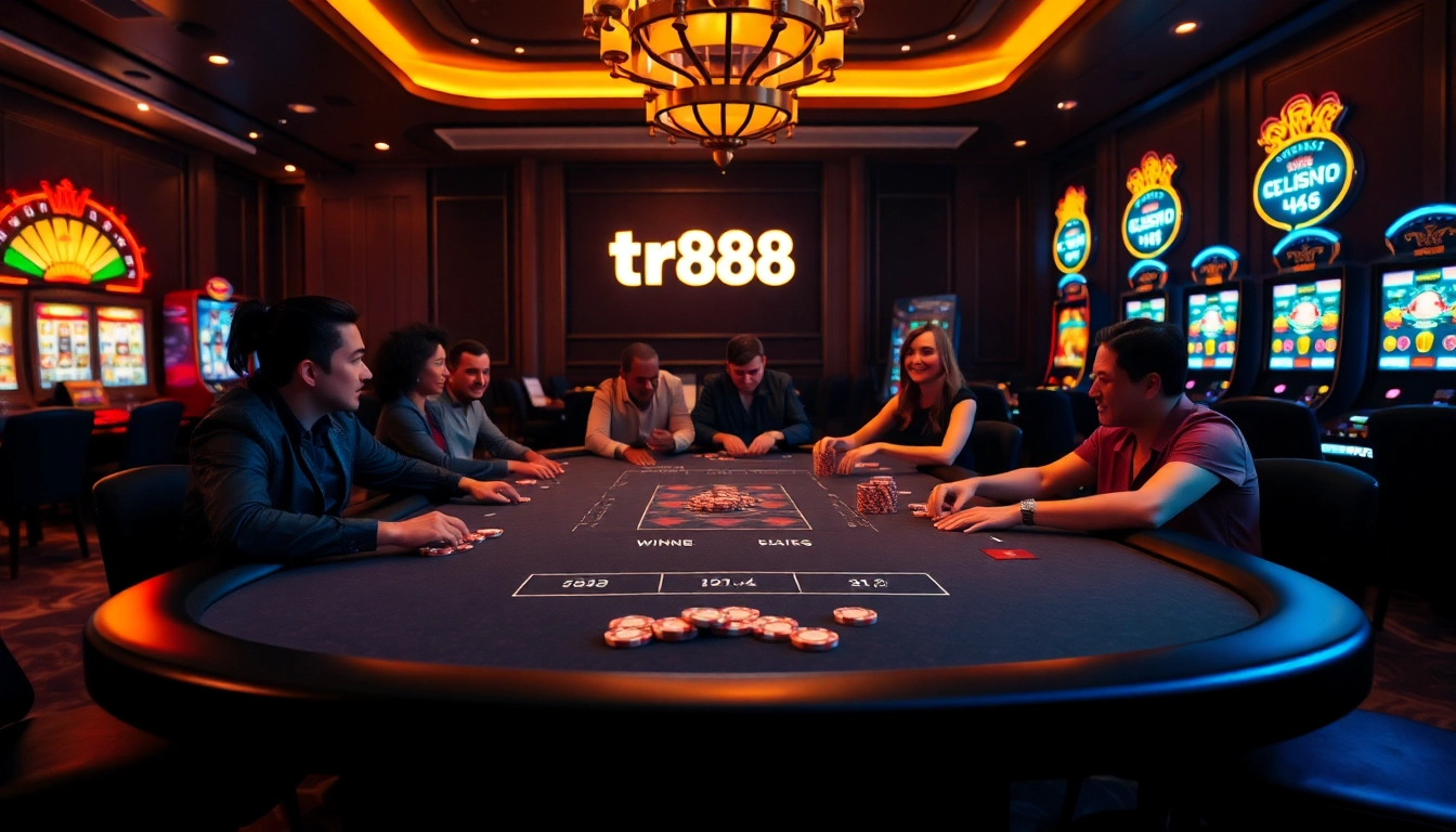 Experience the excitement of tr88 as players enjoy vibrant gameplay at a stylish casino table.