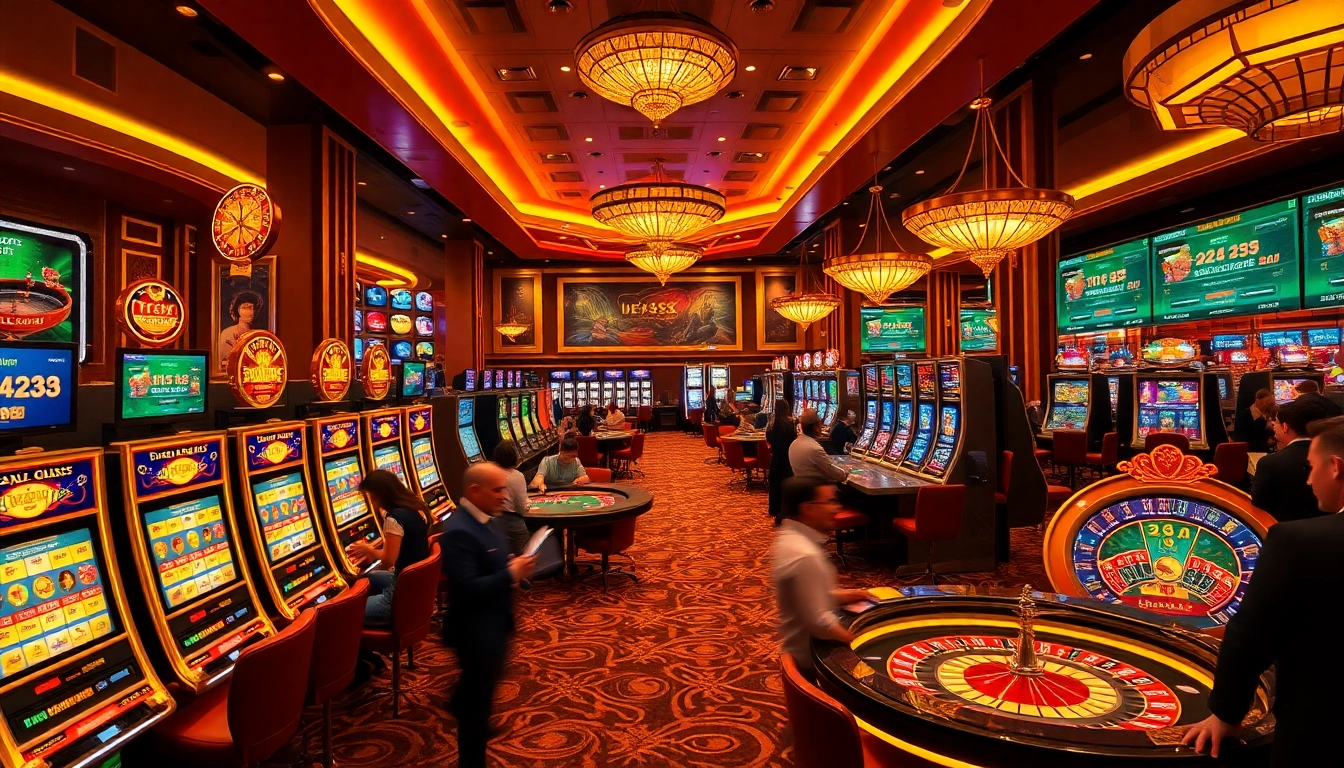 Players enjoying a thrilling gaming experience at 789win casino with lively tables and vibrant slot machines.
