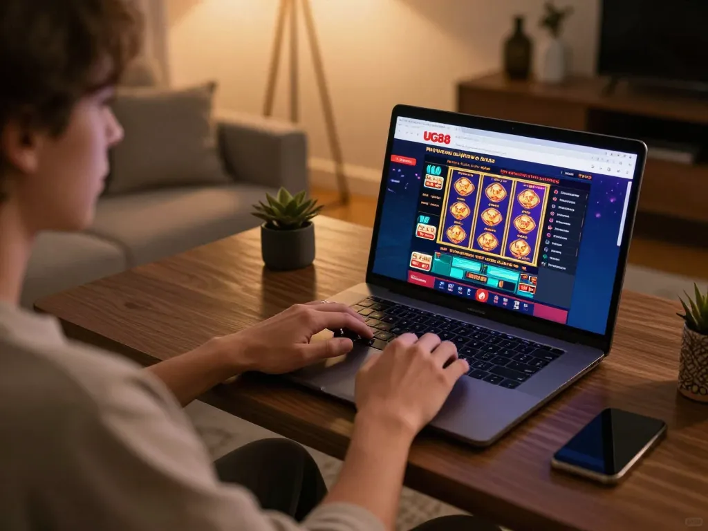 Engaging gaming session at UG88 online casino with user focused on laptop screen showcasing vibrant game options.