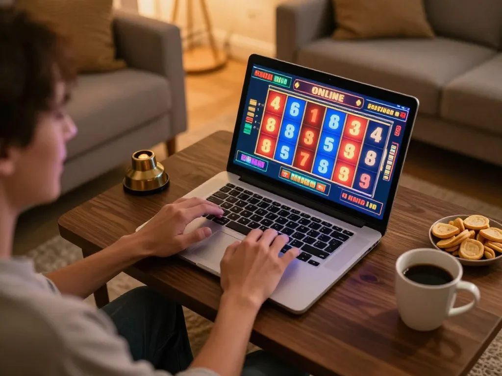 Player enjoying slots on TG88 platform in cozy home setting, showcasing excitement and responsible gaming.