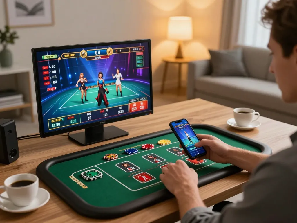 A player enjoying mobile gaming on the 88clbgo app, engaging with a live dealer game in a stylish home setup