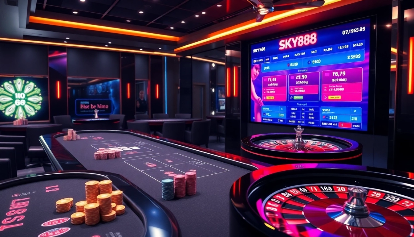 Engaging scene at nhà cái sky88 showing exciting online betting activity and vibrant casino elements.