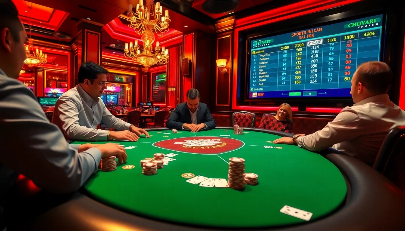 Engage with kèo nhà cái odds at a lively poker table surrounded by vibrant casino decor.