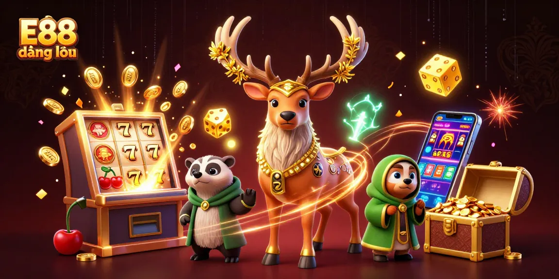 Experience E88 đăng nhập with this vibrant 3D casino scene featuring dynamic slot machines, glowing characters, and exciting game elements.
