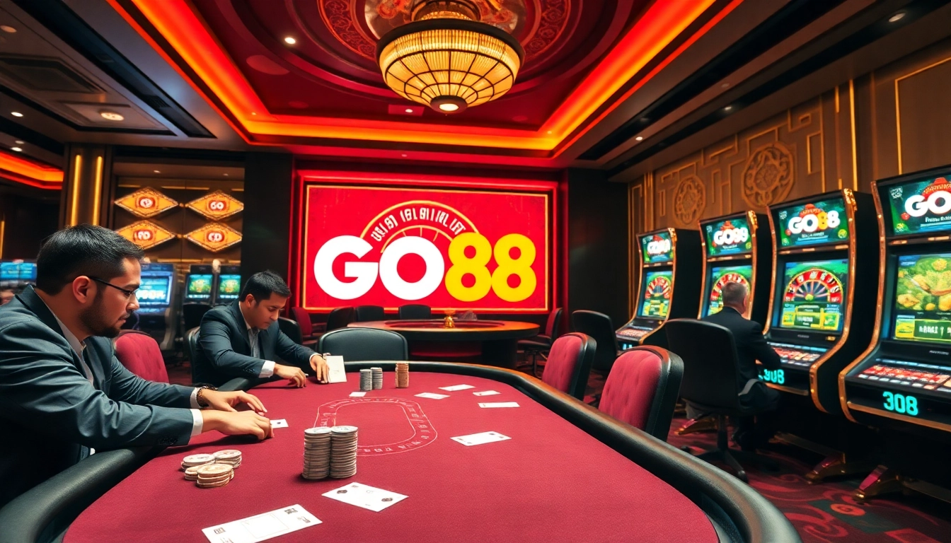 Experience the excitement of betting at GO88's luxurious casino tables, showcasing cards and poker chips.