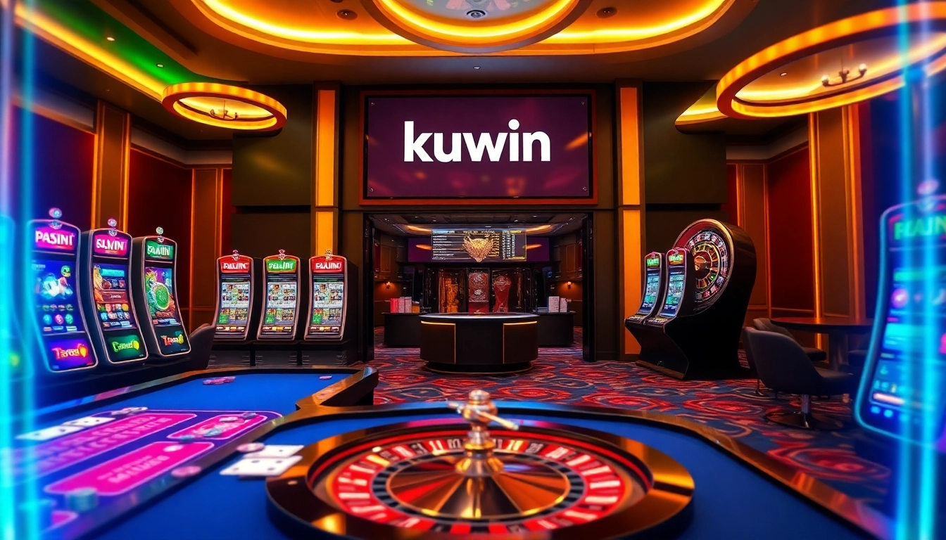 Kuwin online gambling interface showcasing vibrant slot machines and poker tables in a luxurious casino setting.
