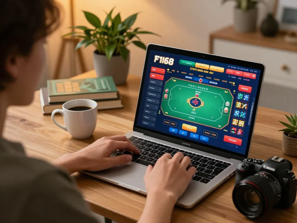Engaged player using F168 online casino on laptop, warm atmosphere enhancing gaming experience.