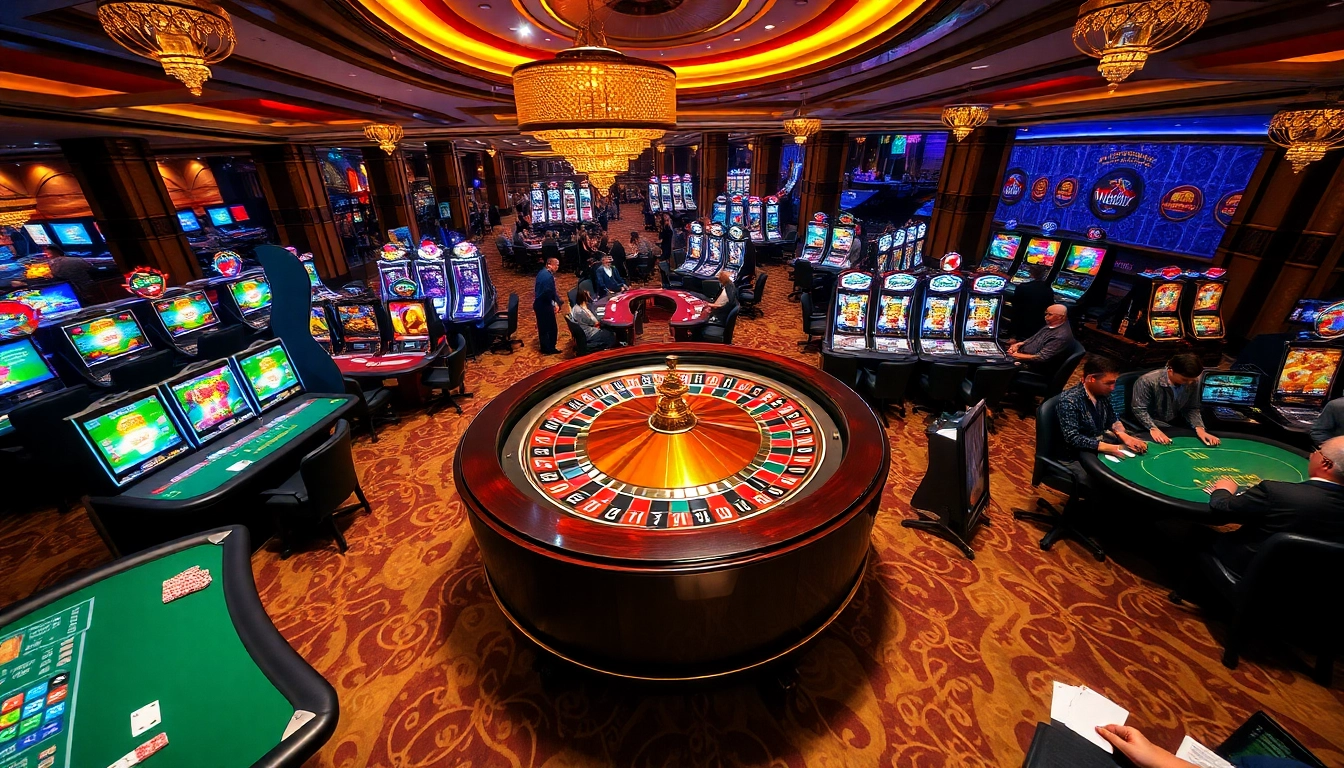 Engaging in thrilling games at hb88's luxurious casino with vibrant tables and roulette.