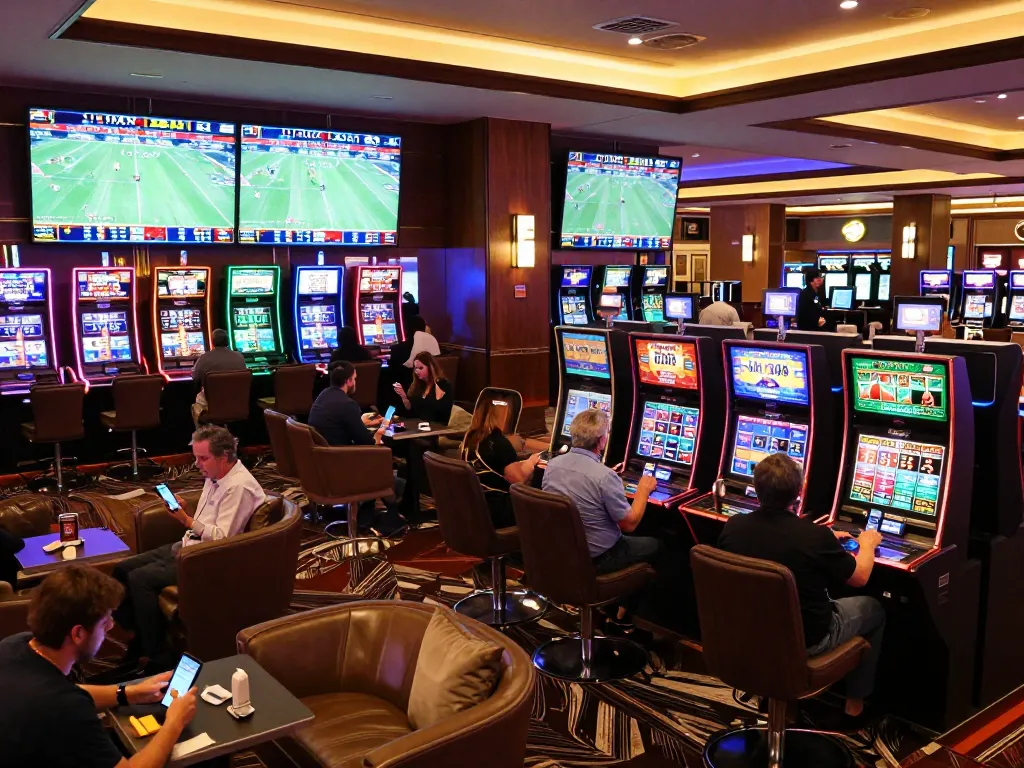 A vibrant sports betting lounge highlighting VMAX betting options with excited patrons and live odds displays.
