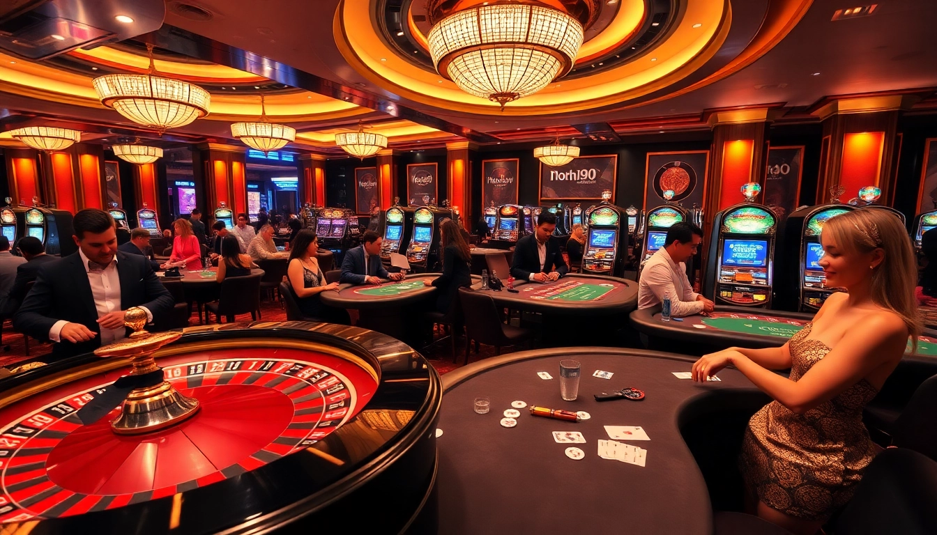 Nohu90 casino players enjoying thrilling games at luxurious tables with vibrant lights.