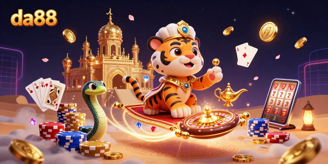 Experience the thrill of da88 with a magical sultan on a carpet of poker chips in a vibrant casino scene.