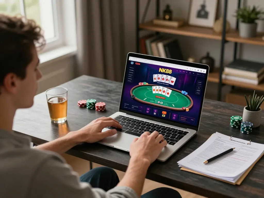 Engaged player exploring NK88 online poker platform on laptop, showcasing strategic gameplay elements.