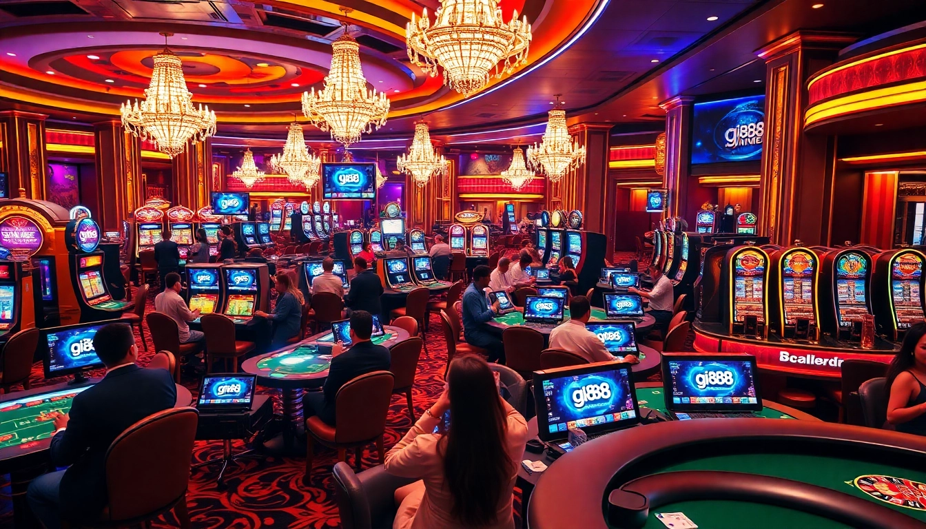 Gamblers enjoying exciting games at gi88 in a luxurious casino environment.