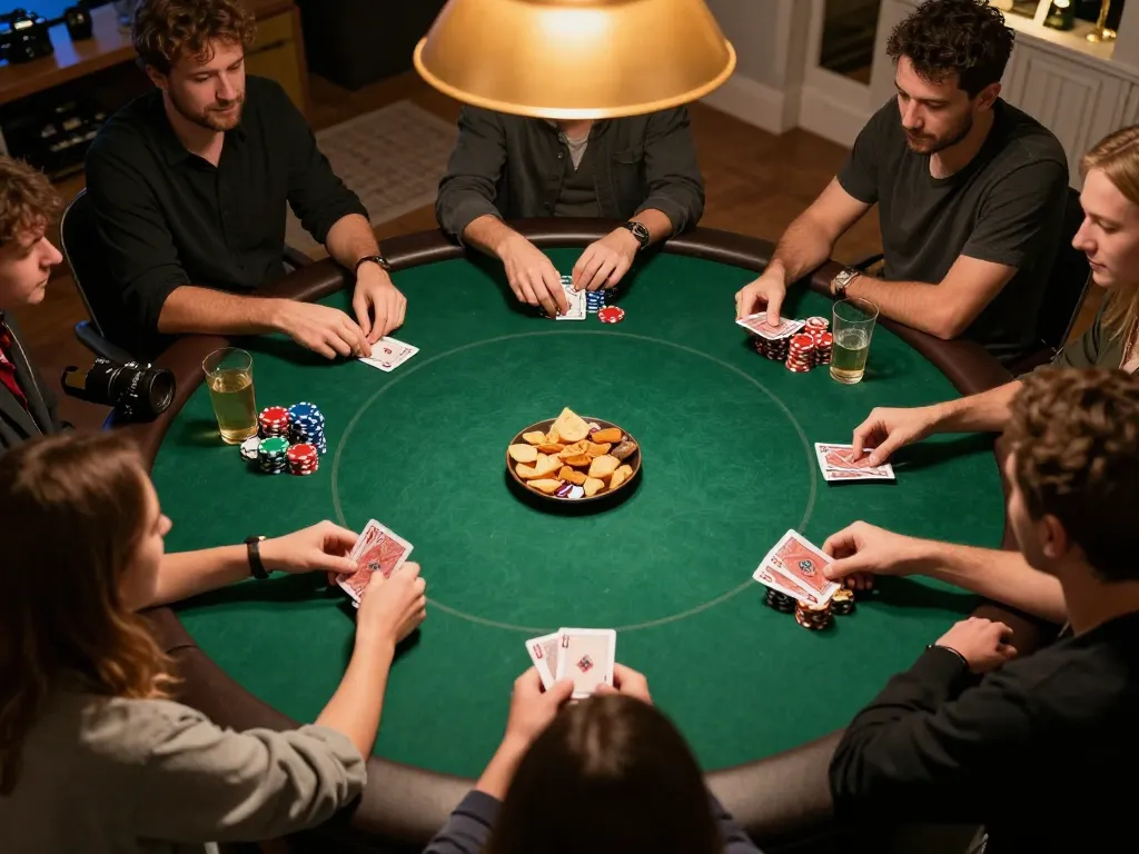 Players engaging in a poker game at home, a representation of nhà cái uy tín and social gambling.