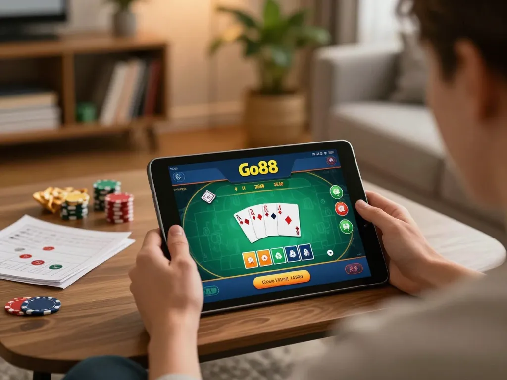 Engaging with Go88's online poker game on a tablet amidst a cozy home setting