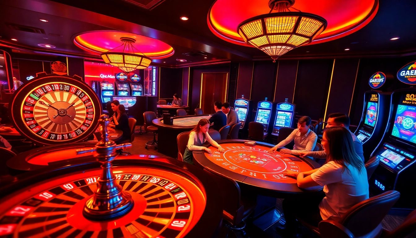RR88 exciting casino experience with players at poker tables and glowing slot machines.