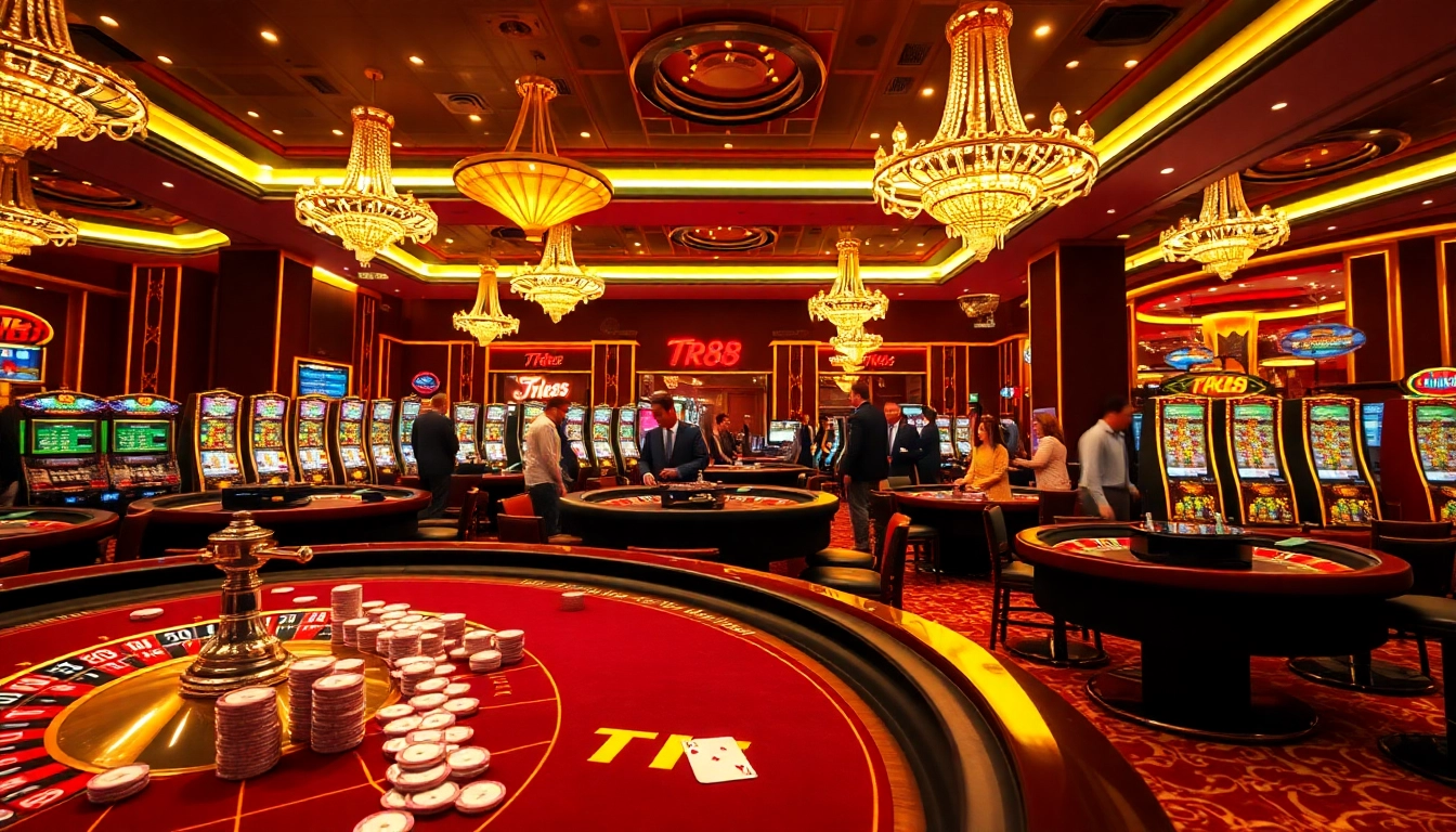Engaging TR88 gamblers at vibrant casino tables with roulette wheels and slot machines.