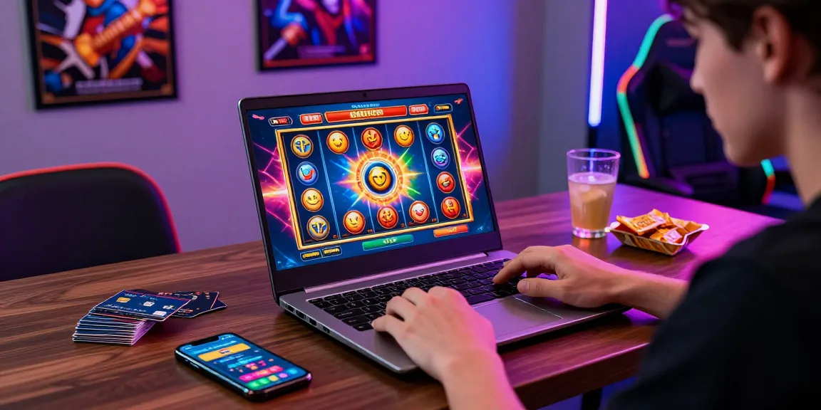 Player enjoying credit card slots in a vibrant online casino setup featuring a laptop and gaming accessories.