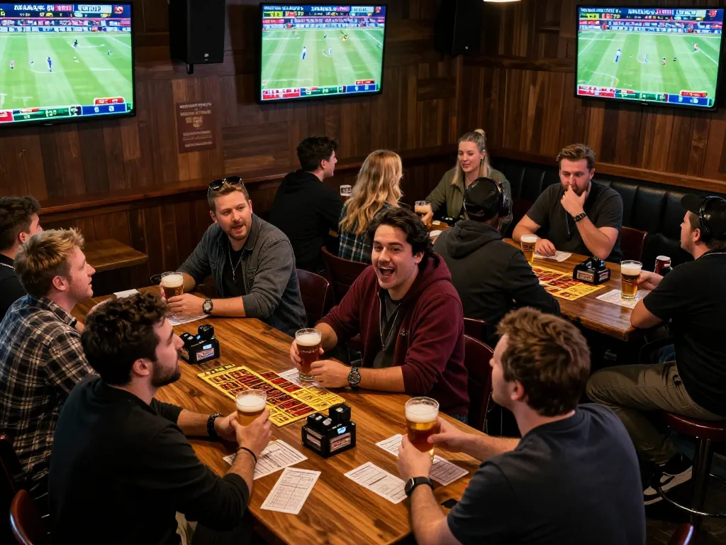 Sports bettors reacting to live scores while checking ผลบอล at a lively sports bar environment.