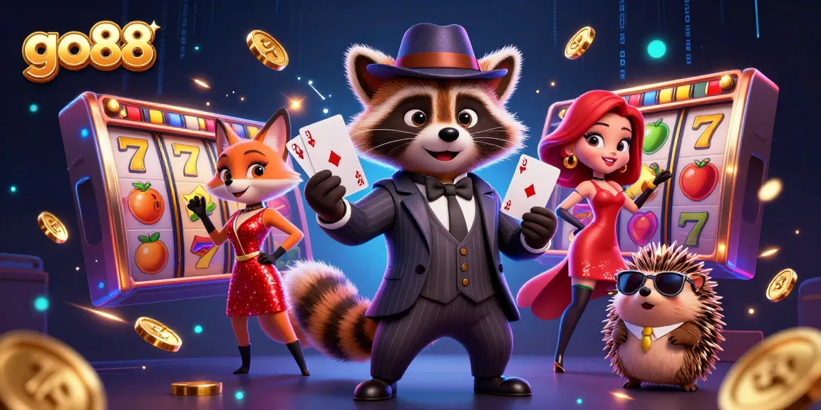 Experience excitement at go88 with a playful raccoon, fox, and hedgehog in a vibrant casino setting.