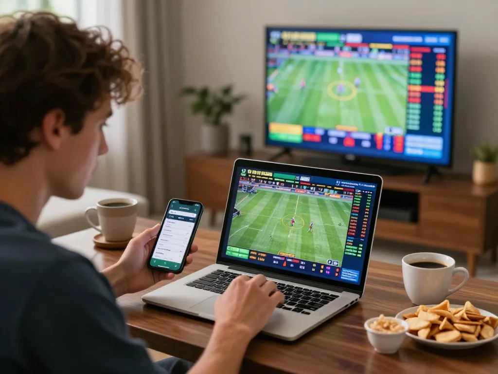 Engaging sports betting moment with 7m stats on laptop, excited bettor analyzing live odds