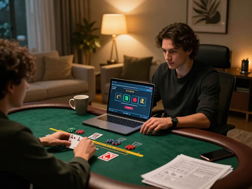 Player enjoying vsbet online blackjack at home with laptop and strategy notes
