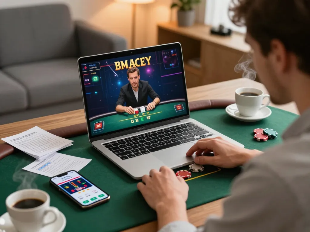 Player using laptop for rikvip online poker, showing focused strategy and excitement during gaming.