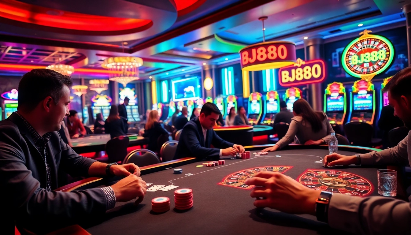 Players enjoying a thrilling poker game at BJ88 casino, with vibrant ambiance and exciting action.