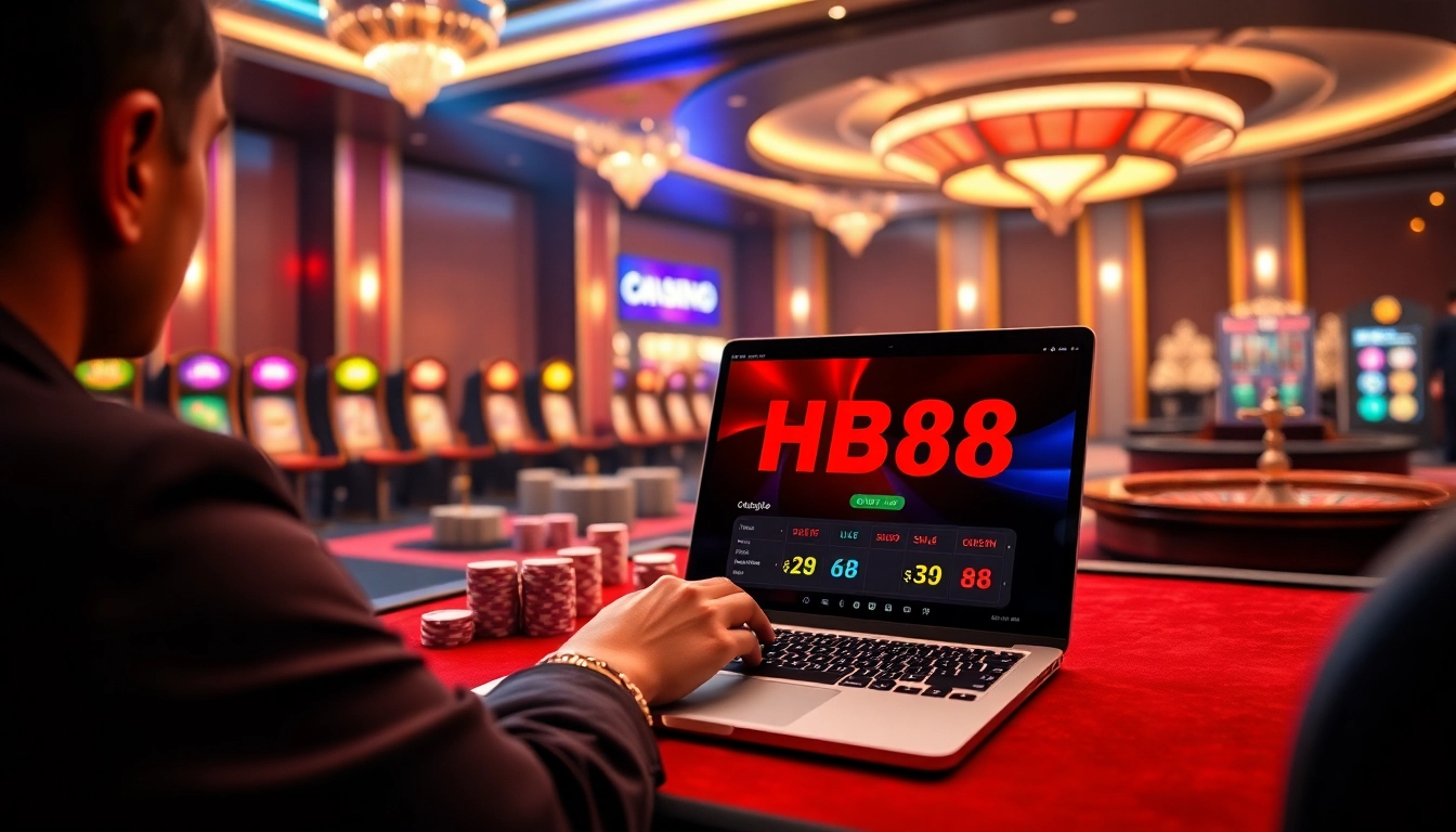 Engaging with HB88's online platform amidst a vibrant casino atmosphere filled with excitement.