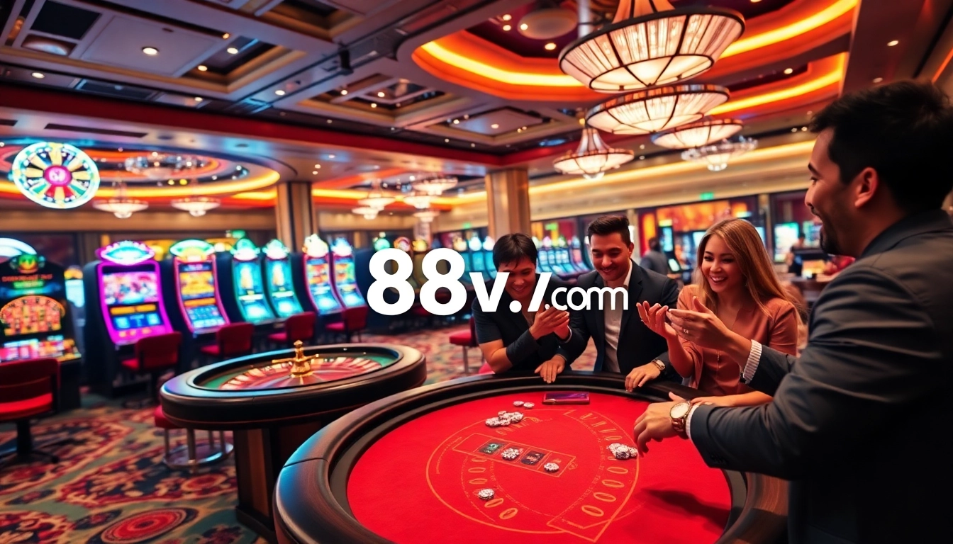 Experience the excitement of gambling at 88vv.com with players enjoying blackjack and vibrant slot machines.