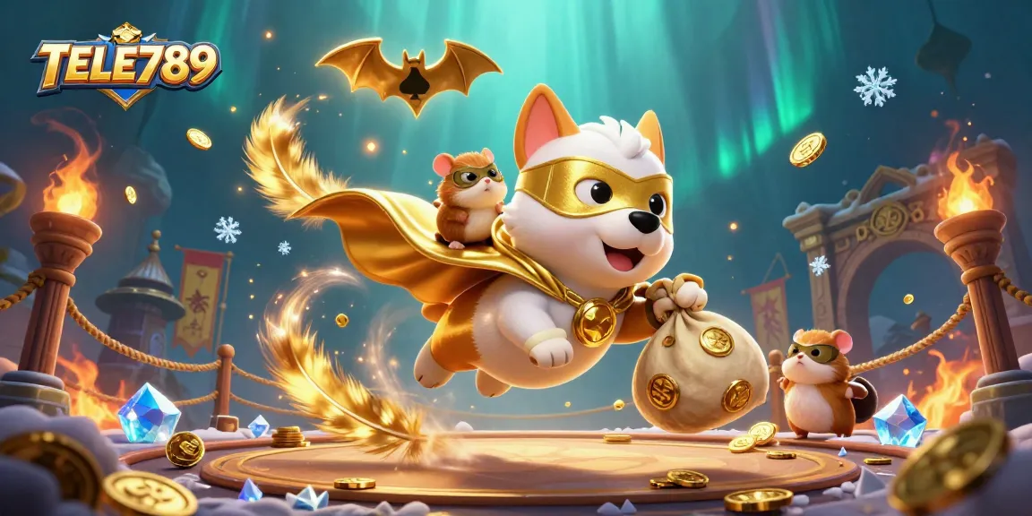 Experience excitement with TELE789: a colorful 3D scene of a flying superhero dog and hamster amidst golden coins and poker chips.