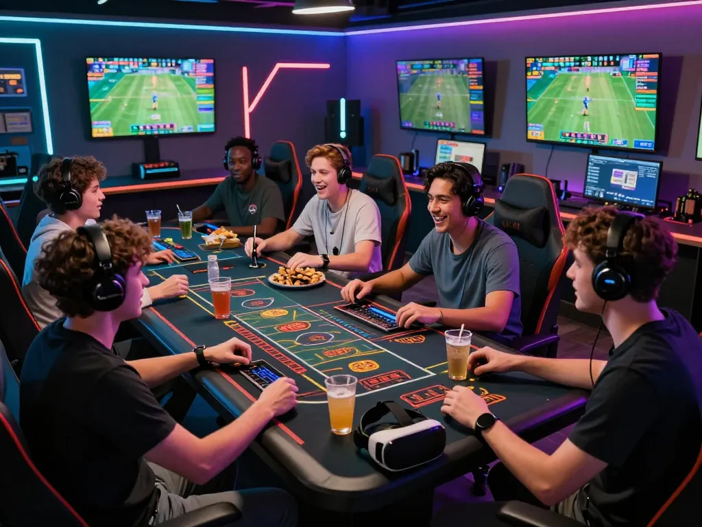 Friends enjoying online gaming with TG88 in a vibrant gaming room.