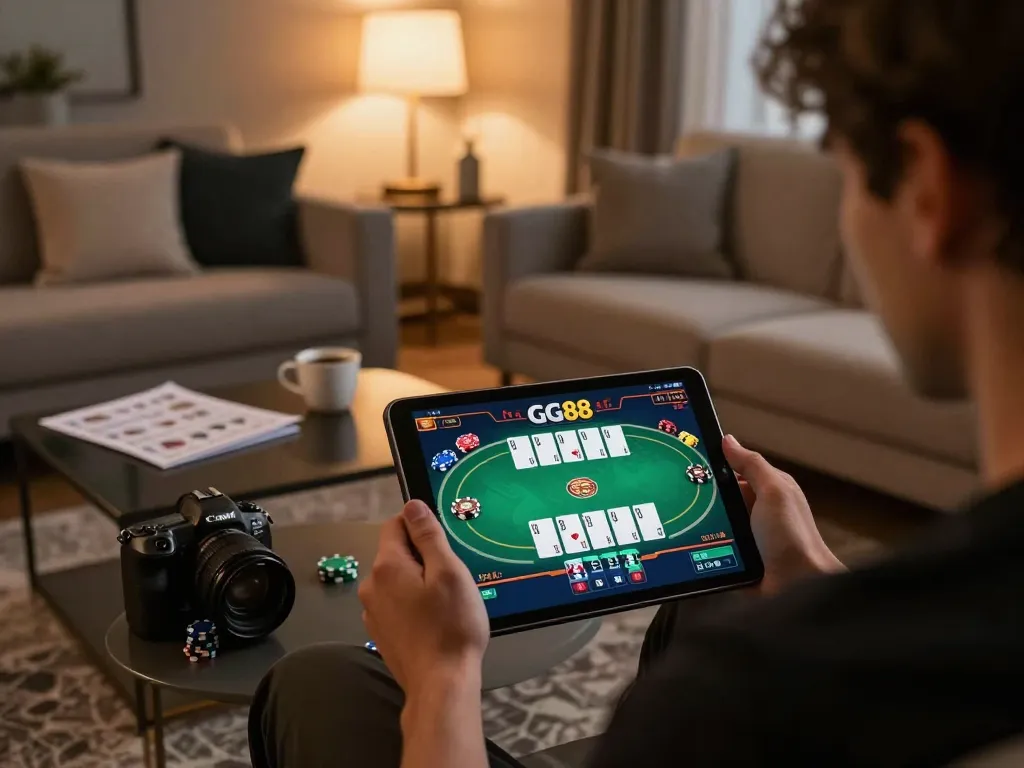 Gambling at GG88: Engaging online poker game on tablet in cozy living room setting.