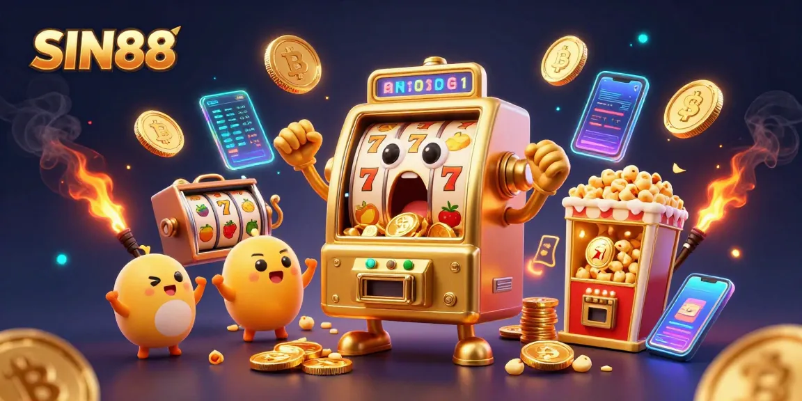 SIN88 slot machine wins big, bursting with coins amidst neon crypto elements and engaging scenes.