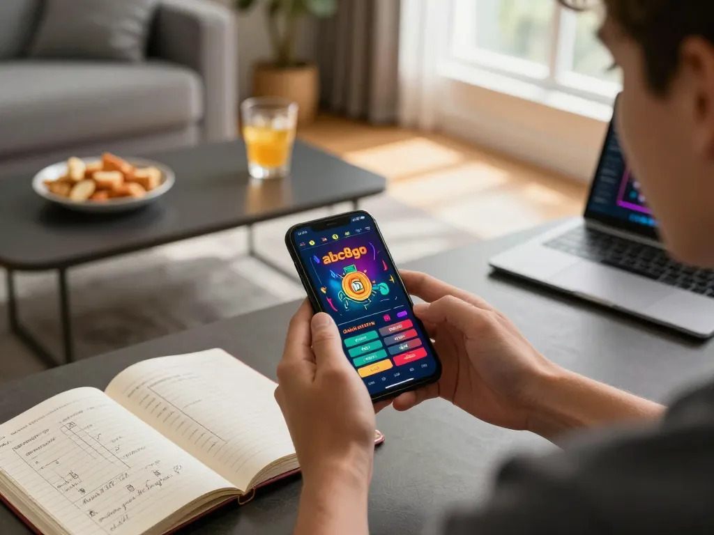 Person playing via abc8go app on smartphone while enjoying a cozy home gaming setup.