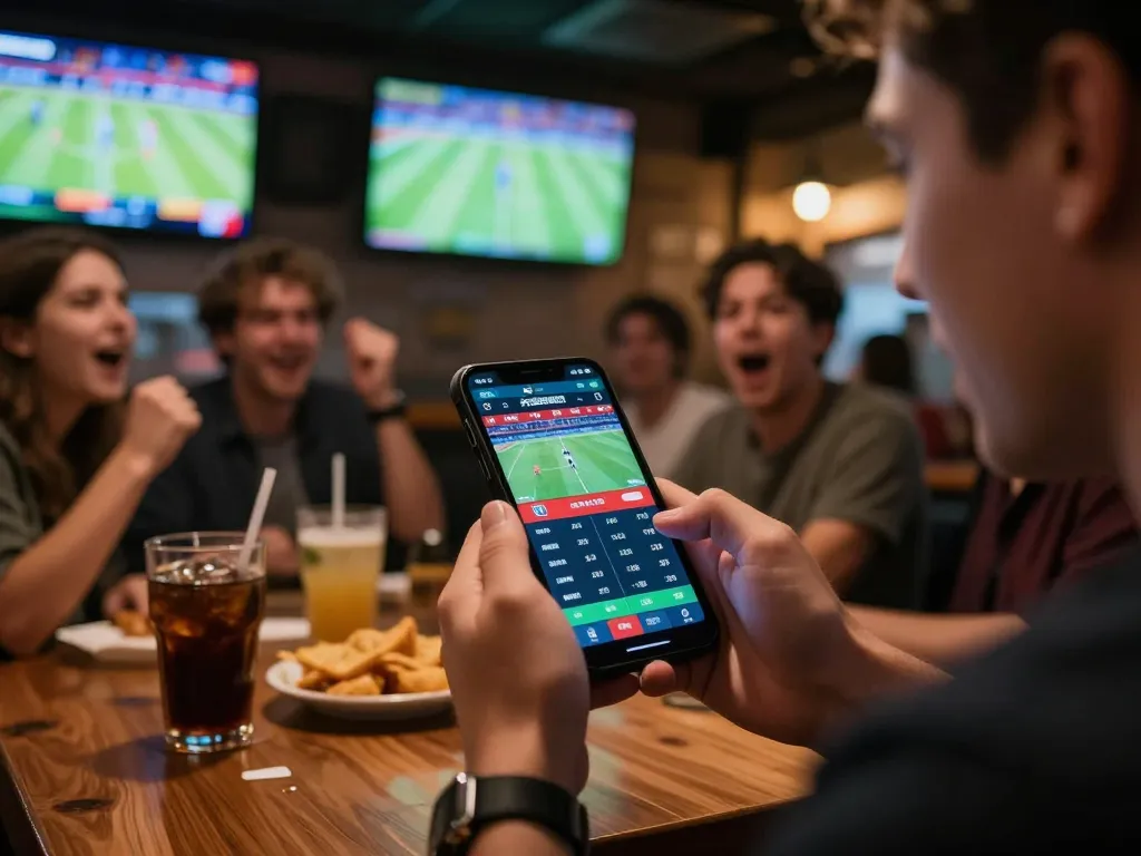 Engaging moment of a bettor reviewing kèo nhà cái odds on smartphone in a lively sports bar.