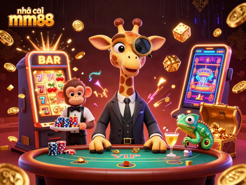 Engage with nhà cái mm88 at the vibrant online casino scene featuring a giraffe in suit and a monkey valet.