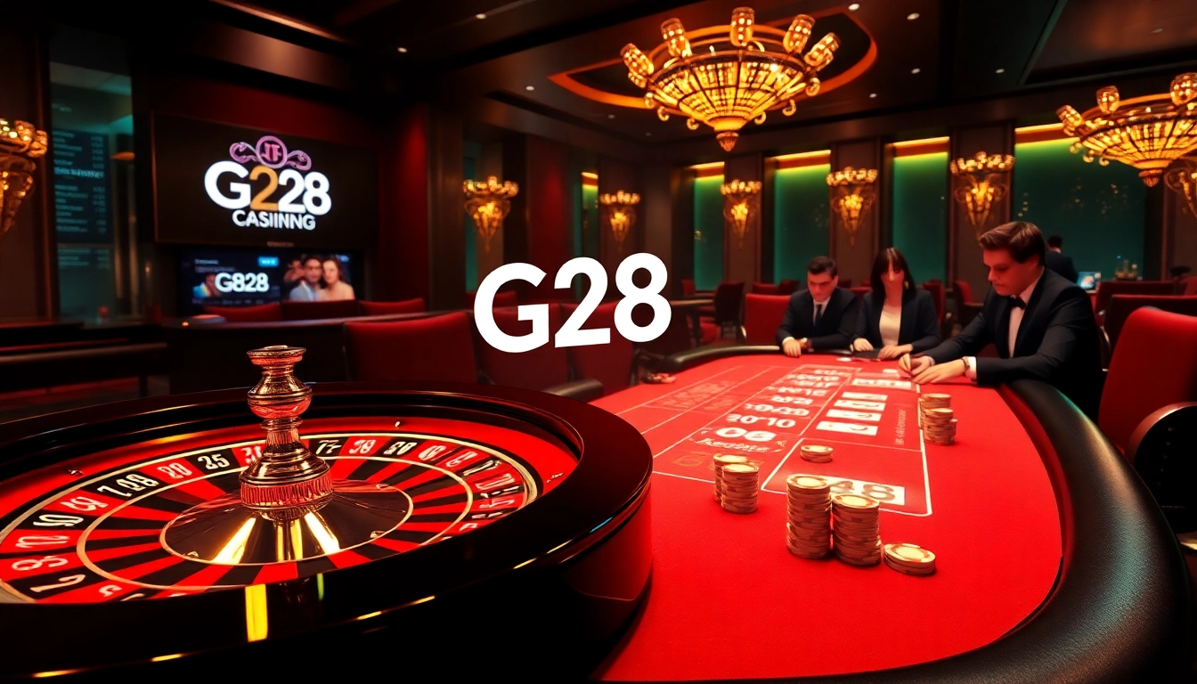Experience the excitement of gambling at https://g28.store/ with a vibrant roulette wheel and poker chips in a luxurious casino.