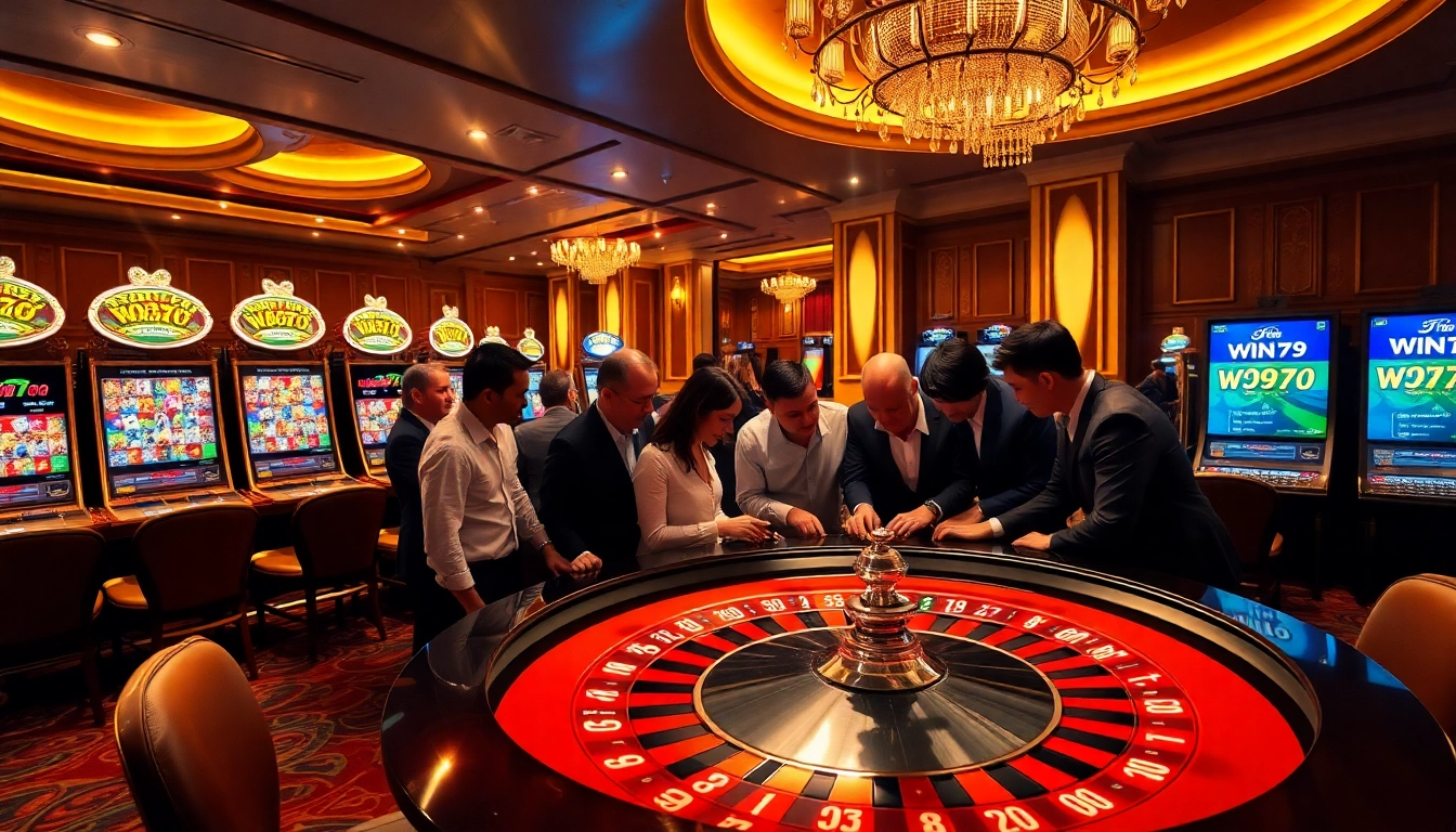 Win79 players experiencing thrilling roulette action in a luxurious casino environment.