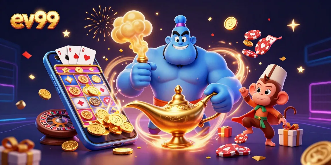 Engage with the exciting world of ev99 casino games, featuring a genie and magic carpet in action.