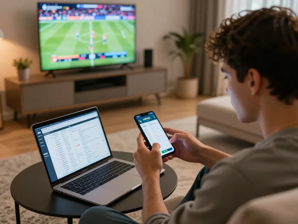 Person actively placing bets on cakhiatv while watching sports in a cozy living room