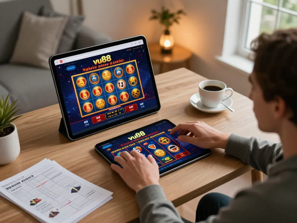 Player engaging with vu88 online casino slot game on tablet in a cozy home setting